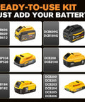 Various DeWalt battery types in a ready-to-use kit for cordless tools, includes DCB606, DCB609, DCB612, and others.