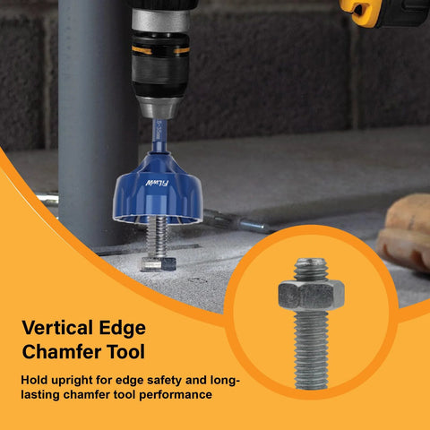 FiLwW external deburring chamfer tool with tungsten carbide bit, blue collar, mounted in drill chuck; fits 1/8"–1-3/8" diameters
