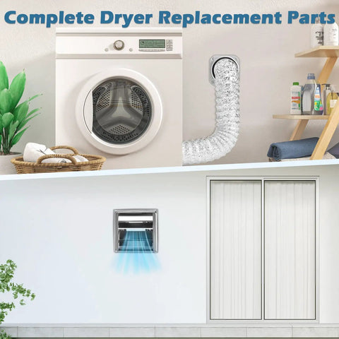 Magnetic Dryer Vent Connector Kit with 4 Inch Quick Connect Hose shown in laundry setup, includes DV180 and outdoor vent cover.
