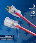 Beefy Built Tough Outdoor Extension Cord 50 Ft 12 Gauge 3 Conductor With Lighted End SJTW Contractor Grade Water Resistant Vinyl