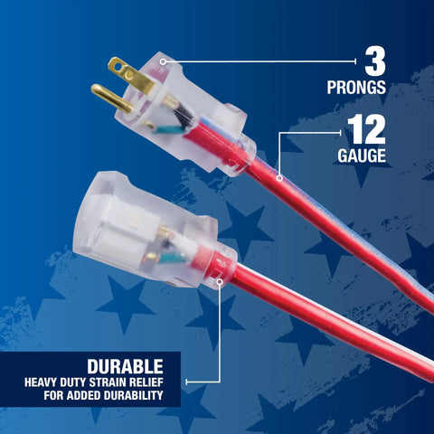 Beefy Built Tough Outdoor Extension Cord 50 Ft 12 Gauge 3 Conductor With Lighted End SJTW Contractor Grade Water Resistant Vinyl