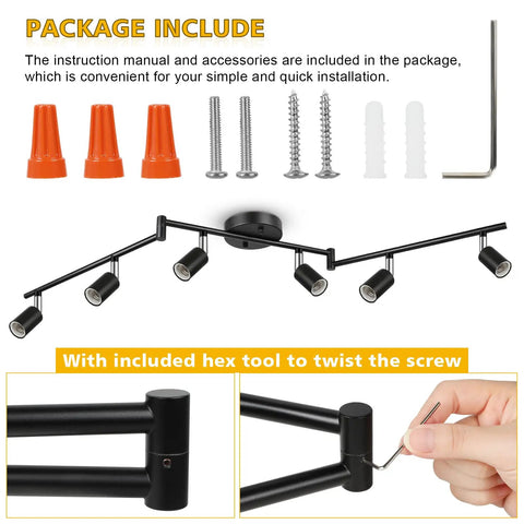 Six Light Track Lighting Kit With Flexible Foldable Arms And Rotatable Heads, E26 Base Black Ceiling Spotlight components displayed