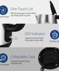 Fast Boil 1.7L Electric Kettle With 1500W Heating showing one touch lid, LED indicator, and collectible cord features.