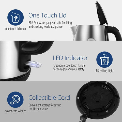 Fast Boil 1.7L Electric Kettle With 1500W Heating showing one touch lid, LED indicator, and collectible cord features.