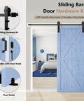 Beefed Up 6Ft Sliding Barn Door Hardware Kit with smooth and quiet operation installed on blue door with floor guide