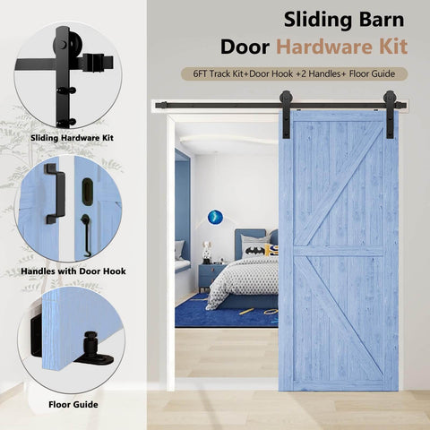 Beefed Up 6Ft Sliding Barn Door Hardware Kit with smooth and quiet operation installed on blue door with floor guide