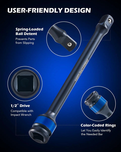 Close-up of Torque Limiting Extension Bar And Deep Impact Socket Set For 1/2 Inch Drive with spring-loaded detent and color-coded rings.