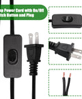 Lamp power cord with on/off switch button and plug, black wire and plug design, close-up of switch and exposed wire ends
