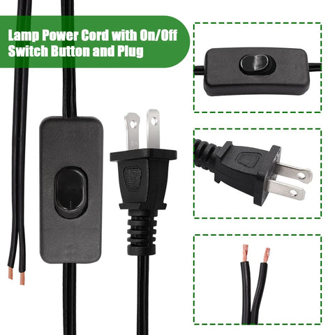 Lamp power cord with on/off switch button and plug, black wire and plug design, close-up of switch and exposed wire ends