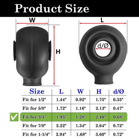 Product size chart for Heavy Duty Three Quarter Inch Heim Joint Boots And Rod End Dust Seals High Temp Resistant Silicone Covers.