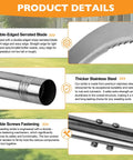 Product details showing Long Reach Weeding Tool Set With Serrated Double Edged Blade, stainless steel construction, and screw fastening.