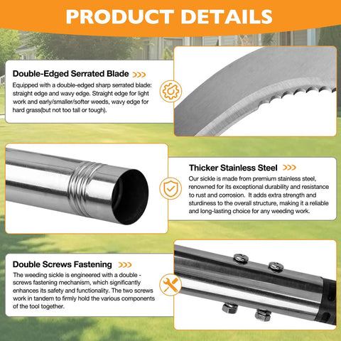 Product details showing Long Reach Weeding Tool Set With Serrated Double Edged Blade, stainless steel construction, and screw fastening.