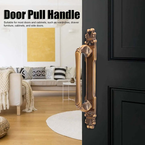 Door Pull Handle Barn Door Style Antique Zinc Alloy Handle on black door; living room in background. Sturdy, rust resistant, easy install.