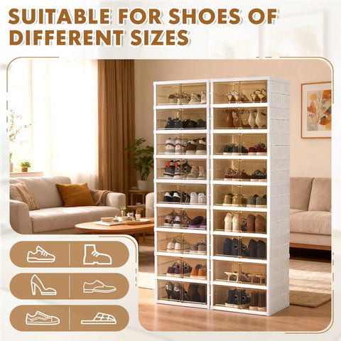 2x9 Tier Collapsible Shoe Rack Organizer With Door in living room, holds 18 pairs, large plastic cabinet, space saver storage solution