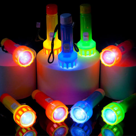 30 Piece Mini Flashlight Set With Lanyards Batteries Included Bright Colorful Handheld Torches lit up in a dark setting.