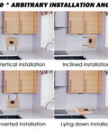 5500W Tankless Under Sink Hot Water Heater 110V Thermostatic Instant On Demand Water Heater With Remote Control And Touch Screen Digital Display showing various installation angles in a kitchen setting.