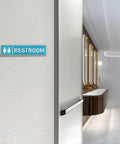 Clear Acrylic Door Name Plates 2x8 Inches 5 Pack With Adhesive Tape Easy Paper Insertion For Office And Classroom Doors Wall Mount Or Horizontal Sign Frame shown as restroom sign on a wall near restrooms