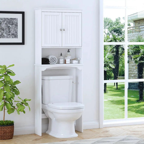 Over The Toilet Storage Cabinet For Bathroom White Beadboard Style Shelf With Anti Tip Anchor over toilet in bright bathroom