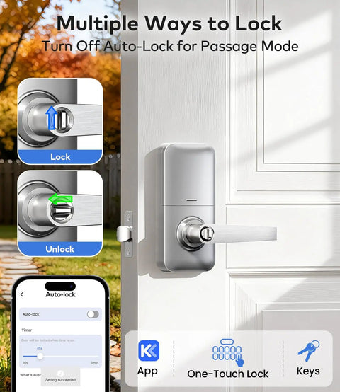 Knockout Smart Keypad Door Lock With Handle For Front Door Entry Boasting A Slick Satin Nickel Finish And Total Game Changing App Control Plus One Hundred Custom Passcodes For Easy Peasy Keyless Access And Full Alexa Google Compatibility