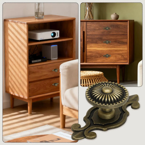 8 Piece Vintage Cabinet Knobs Set In Solid Antique Brass With Backplates on wooden cabinet drawers