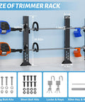Beefy Sturdy Rustproof Trimmer Rack For Open Trailers Lockable Weed Eater Rack For Lawn Equipment Landscape Trucks With Heavy Duty Steel Construction And 2 Locks, showing size and included hardware.