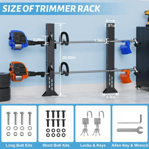 Beefy Sturdy Rustproof Trimmer Rack For Open Trailers Lockable Weed Eater Rack For Lawn Equipment Landscape Trucks With Heavy Duty Steel Construction And 2 Locks, showing size and included hardware.