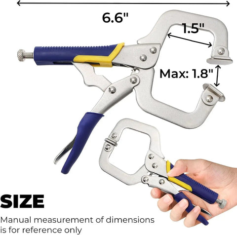 Four Pack 6.6 Inch Metal Face Clamps With Swivel Pad Heavy Duty And Rubber Handles Adjustable C Clamps Vise Grip in hand