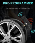 Pre Programmed TPMS Sensor For Chevy Aveo And Camaro No Programming Required Durable OE Quality Tire Pressure Monitoring System Plug And Play Install Long Lasting Sensors For Reliable Tire Readouts. silver TPMS sensor mounted on alloy wheel, plug-in tire pressure monitor