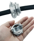 Heavy Duty 1 Inch Clamp Cable Connectors 4 Pack Including Free Screwdriver showing zinc clamps in hand with cable attached.