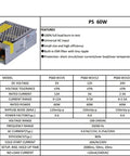 High Efficiency 24V 2.5A Power Supply Driver, 60W LED Switching Unit for 110V to 240V AC DC Lighting, Robust Transformer for Dimmable LED Installations, Industrial Grade Performance, metal housing