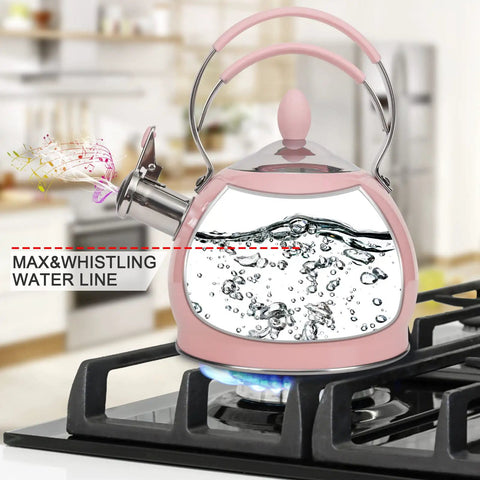 Stainless Steel Whistling Tea Kettle for Stovetop and Induction, 2.6 Quart Teakettle with Pink Finish on Gas Stove