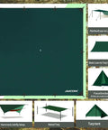 Waterproof Camping Tarp 10x10 Feet Rain Fly Ultralight Portable with UV Protection setup options on wooded background.