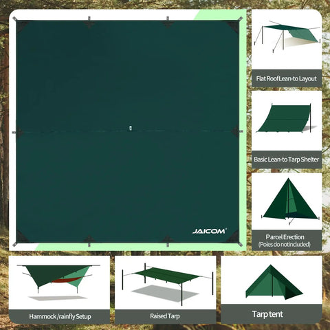 Waterproof Camping Tarp 10x10 Feet Rain Fly Ultralight Portable with UV Protection setup options on wooded background.