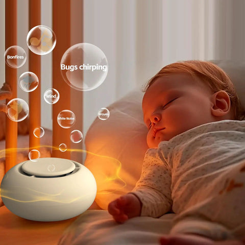 On The Go Baby Sleep Sound Machine With 12 Soothing White Noise Tracks USB Recharge 15 Hour Battery Life near sleeping baby