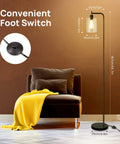 Industrial LED Floor Lamp With Hanging Glass Shade, ST64 9W Vintage Filament Bulb, Foot Switch, tall black pole in living room