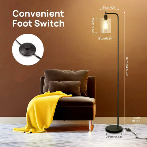 Industrial LED Floor Lamp With Hanging Glass Shade, ST64 9W Vintage Filament Bulb, Foot Switch, tall black pole in living room
