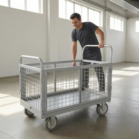 Beefed Up Heavy Duty Flatbed Wire Mesh Cart With Dual Handles And High Fence Sturdy Steel Construction Four Swivel Industrial Wheels Easy Haul For Steel Plates Up To 100 By 60 Heavy Load Trolley with man in workshop