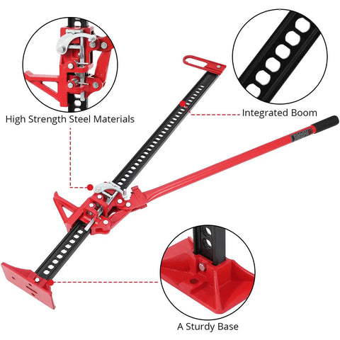 48 Inch Heavy Duty Farm Jack With 7000 Lb Lifting Capacity, red steel construction, showing ratchet, boom, and base details.