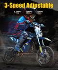 Electric Dirt Bike for Kids 1000W 36V Youth Motocross with 3 Speed Modes Up to 18 MPH, 16-inch wheels, blue, rider in motion