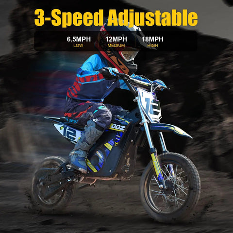 Electric Dirt Bike for Kids 1000W 36V Youth Motocross with 3 Speed Modes Up to 18 MPH, 16-inch wheels, blue, rider in motion
