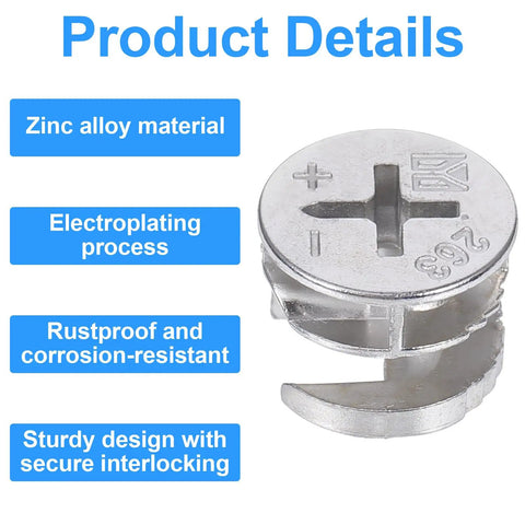 Straight Up Solid Cam Connectors And Lock Nuts For Cabinets Drawers And Wardrobes 12 Piece Zinc Alloy Furniture Hardware Kit No Sweat Assembly Heavy Duty Joint Fasteners For Dressers Shelves Built Tough At 14 6 mm By 11 5 Mm, zinc alloy connector with secure interlocking design.