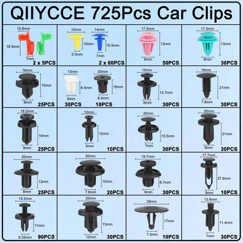 Diagram of Massive 725 Piece Car Push Retainer Clips And Auto Fasteners Kit With 23 Popular Sizes for various car parts