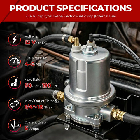 12V Inline Fuel Pump High Flow 50GPH Universal 4-6 PSI with 1/4 Inch NPSF Ports installed in engine compartment