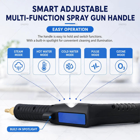 Dnepei Heavy Duty Steam Cleaner For Car Detailing 3500W High Pressure 110V Machine handle with smart multi-function buttons and spotlight.