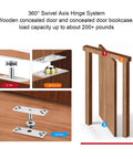 Hidden Door Pivot Hinge Concealed 360 Rotation Heavy Duty Up To 220lbs With 10 Steel Balls For Bookcase And Wooden Doors Stainless Steel Eujgoov with diagram of installation on wooden door.