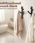 Hella Sturdy Cast Iron Tree Branch Wall Hooks Set Of Four Premium Heavy Duty Wall Mount Storage Organizers Rustic Farmhouse Coat Rack Badass Home Upgrades, displaying two towels hanging on hooks