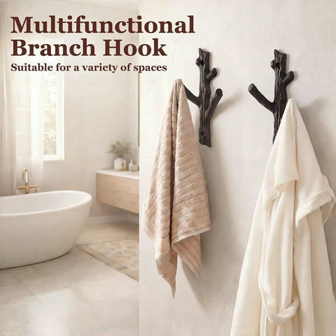 Hella Sturdy Cast Iron Tree Branch Wall Hooks Set Of Four Premium Heavy Duty Wall Mount Storage Organizers Rustic Farmhouse Coat Rack Badass Home Upgrades, displaying two towels hanging on hooks