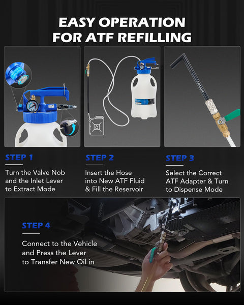 Instruction steps for using Oil Extractor Pump And Dispenser Kit For Cars And Trucks Garage Ready 10 Liter Pneumatic Bleeder