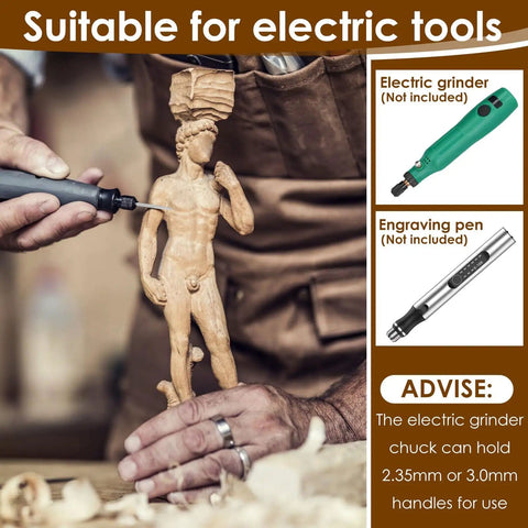 Man using 24 Piece Wood Carving Drill Bits Set For Rotary Tools Engraving Kit With 3mm Shank Pro Grade Corundum Bits on wood figurine