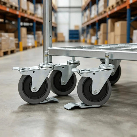 Hella Quiet Rubber Swivel Caster Wheels Set With Dual Ball Bearings and Heavy Duty Galvanized Plate Stem on a metal cart in a warehouse.